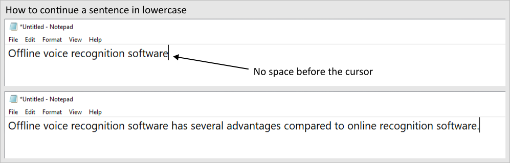 How to continue a sentence in lowercase